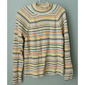 Studio Works Striped Sweater XL Mock‎ Neck Cotton Orange Brown Earthy Knit